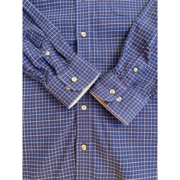 Barbour Mens Large Country Check Shirt Navy Blue Tan Plaid Cotton Corduroy Cuffs - Picture 3 of 14